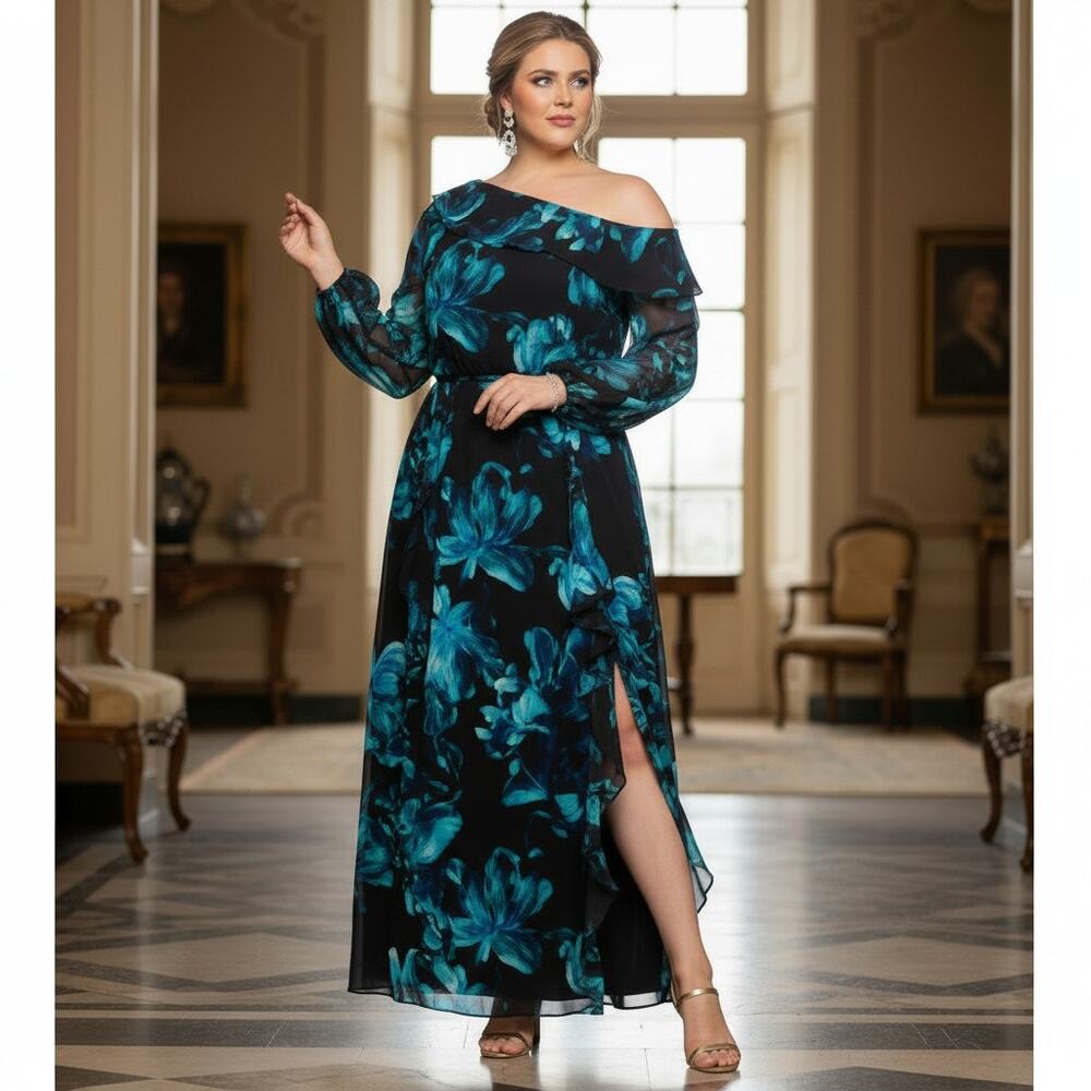 Xscape Black & Blue Floral Maxi Evening Gown – Size 16W, NWT, Zip Closure